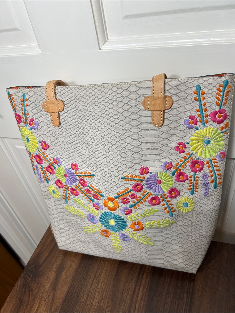 Consuela Songbird Gray Snakeskin Daily Tote with Colorful Floral Embroidery